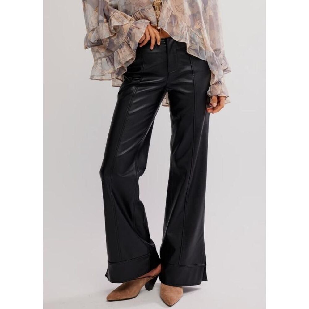 New Free People Glow Up Black Vegan Leather Wide Leg Pants High Rise Size 8
